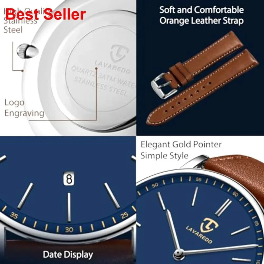 Extremely Thin Minimalist Analog Leather Wrist Watch with Date